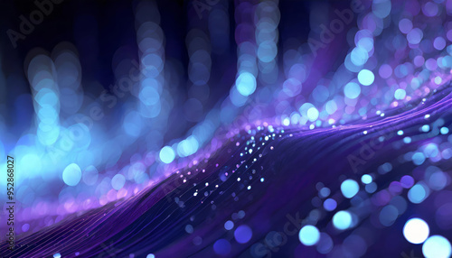 Abstract digital background in future technology style, data, sound graphics, hologram lights, virtual mesh, digital storages, network. Wavy shapes with black, blue, violet, purple colors. 