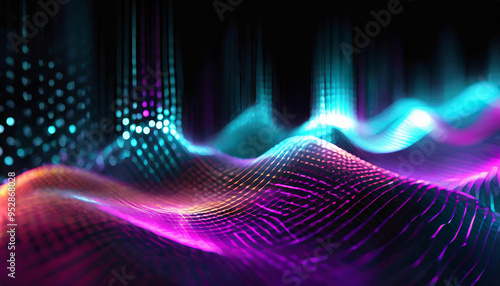 Abstract digital background in future technology style, data, sound graphics, hologram lights, virtual mesh, digital storages, network. Wavy shapes with black, yellow, fuchsia pink, cyan blue colors. 