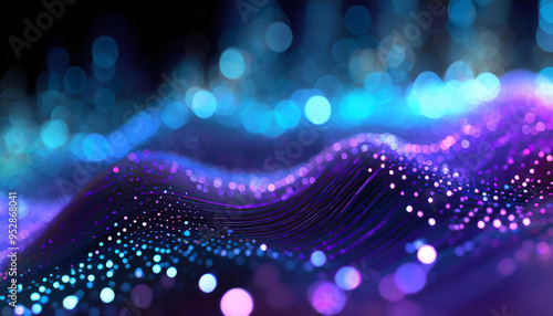Abstract digital background in future technology style, data, sound graphics, hologram lights, virtual mesh, digital storages, network. Wavy shapes with black, blue, violet, purple colors. 