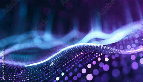 Abstract digital background in future technology style, data, sound graphics, hologram lights, virtual mesh, digital storages, network. Wavy shapes with black, blue, violet, purple colors. 