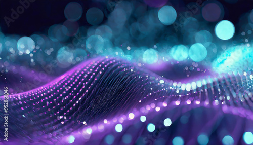 Abstract digital background in future technology style, data, sound graphics, hologram lights, virtual mesh, digital storages, network. Wavy shapes with black, blue, violet, purple colors. 