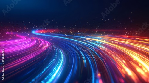 A vibrant light display on a dark blue background, showcasing speed waves and bright glows, symbolizing fast digital data transfer through fiber optic technology.