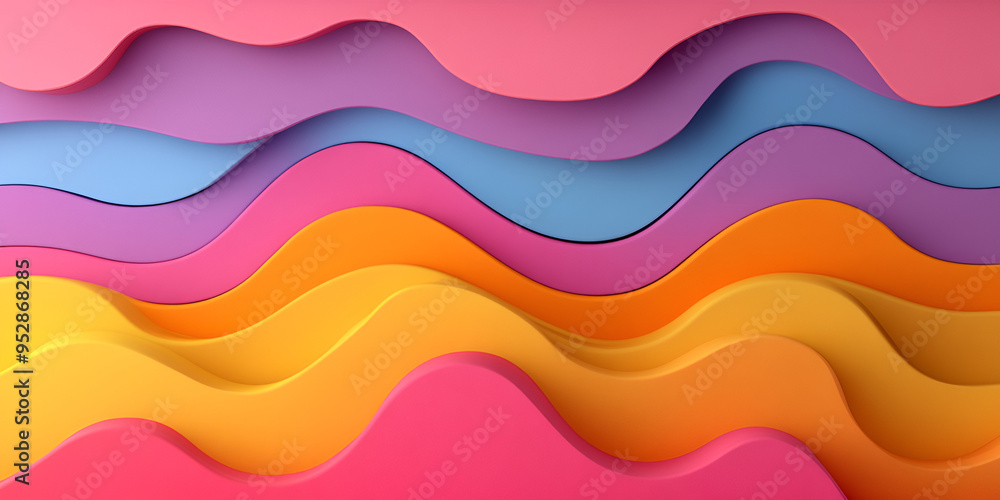 Colorful layered waves of paper in shades of pink, purple, blue, and yellow create a vibrant abstract design Colorful layered waves of paper in shades of pink, purple, blue, and yellow create a vibrant abstract design