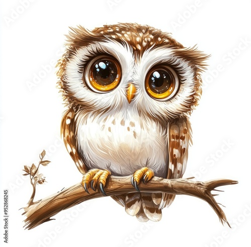 This digital product artwork featuring a detailed and realistic depiction of a great horned owl perched on a tree branch. The design is suitable for various applications, including print. photo