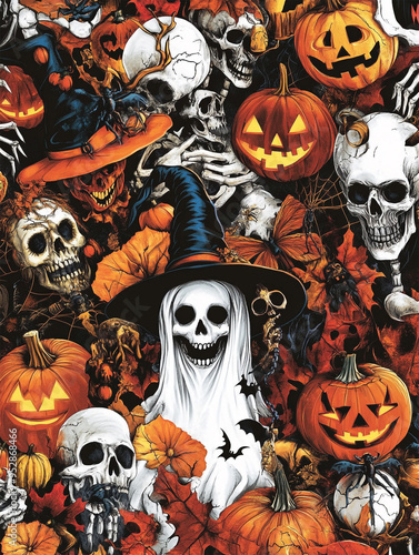 Scary Pumpkin Ghost and Skull Halloween Background