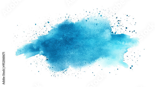 Azure PNG watercolor wash illustration. A vibrant blue watercolor splash on white canvas. Deep cerulean hues bleed outwards, their intensity gradually softening into wispy, cloud-like shapes