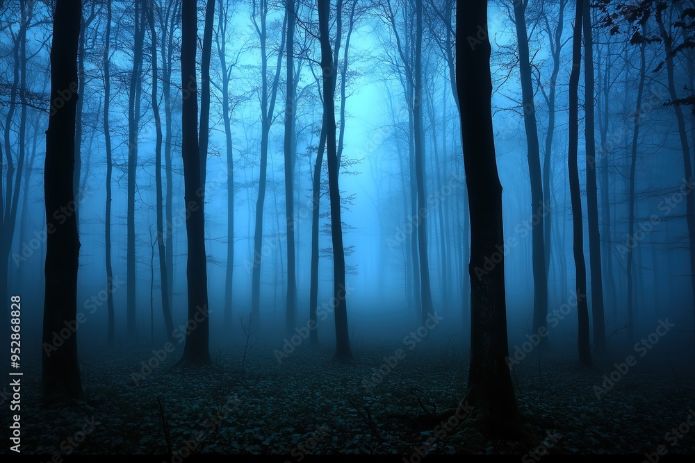 Fototapeta premium Spooky forest with tall trees shrouded in dense blue fog during twilight, creating a mystical, eerie atmosphere.