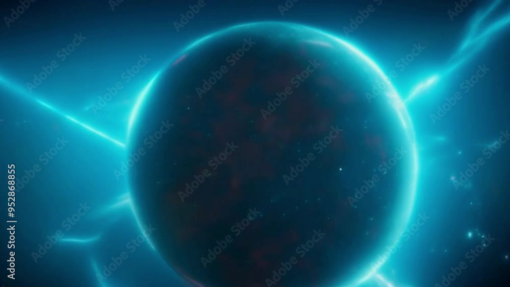 A glowing blue sphere surrounded by bright swirling particles and energy waves is set against a background of deep starry futuristic technology space and energy concepts. High quality 4k video, animat A glowing blue sphere surrounded by bright swirling particles and energy waves is set against a background of deep starry futuristic technology space and energy concepts. High quality 4k video, animat
