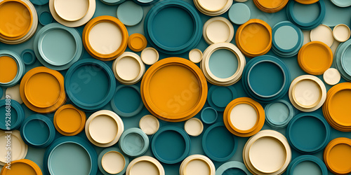 Colorful round plates arranged in a creative pattern on a wall surface, showcasing various sizes and colors of teal, yellow, and cream