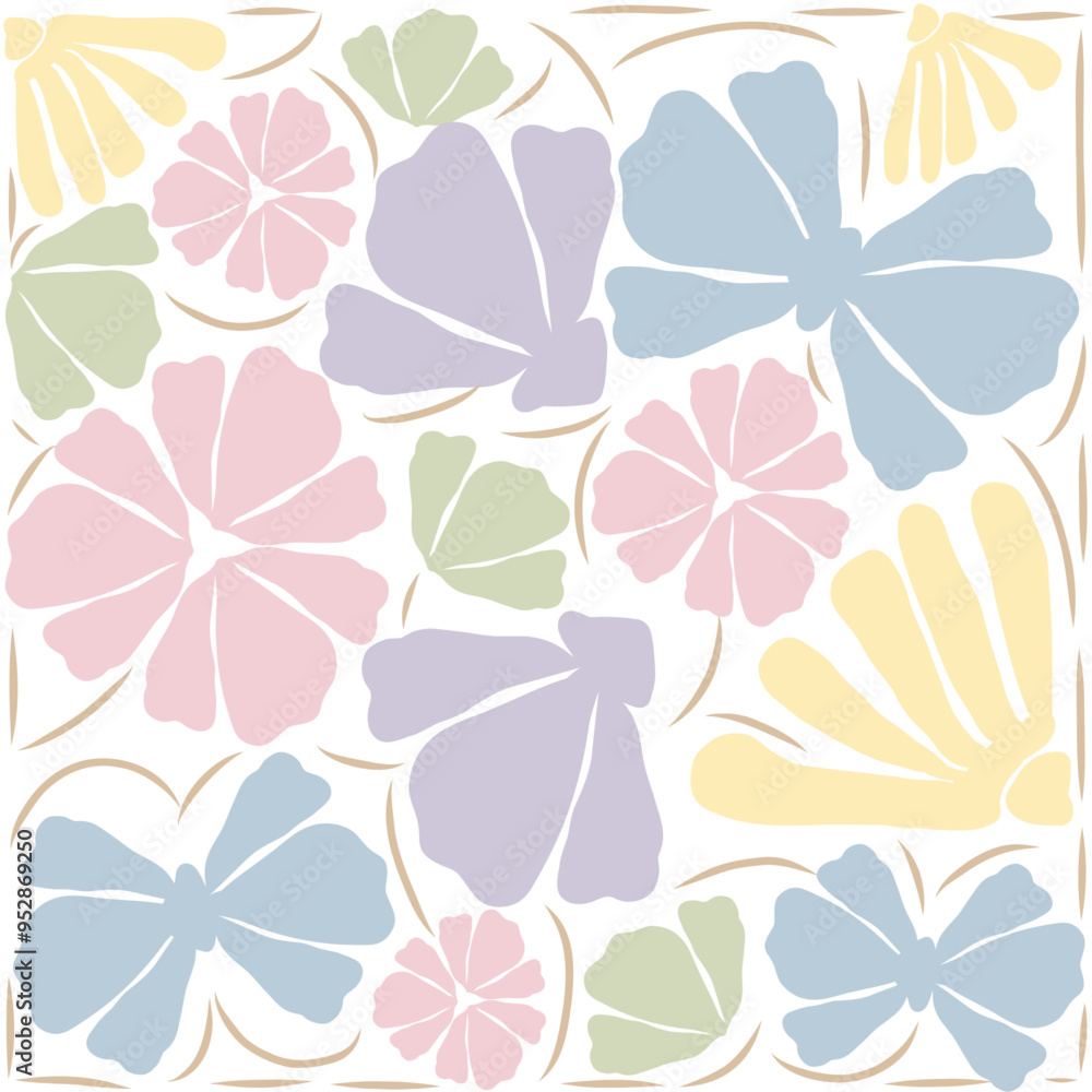 Fototapeta premium Botanical composition of flowers. Modern Matisse minimalist style. Floral poster fabric pattern. Invitation. Vector stock illustration for greeting card or invitation design.