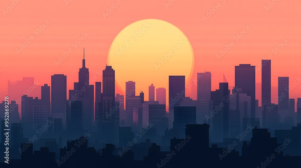 Fototapeta premium Illustration of a city skyline silhouetted against a large setting sun, with warm gradient hues of orange and yellow filling the sky