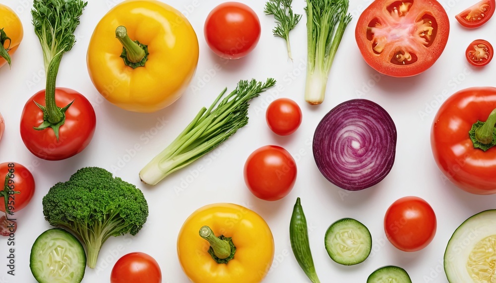 Fresh colorful vegetables arranged on a white surface, including tomatoes, peppers, cucumbers, onions, and broccoli. Fresh colorful vegetables arranged on a white surface, including tomatoes, peppers, cucumbers, onions, and broccoli.