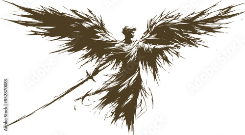 angel stretched out his hand to the side holding a long sword in the other hand Abstract silhouette stencil sketch drawing