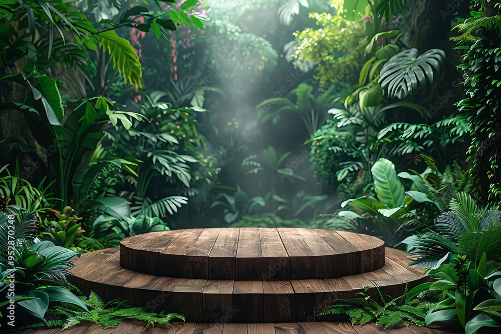 A wooden podium placed in the midst of a tropical forest. Generative AI A wooden podium placed in the midst of a tropical forest. Generative AI