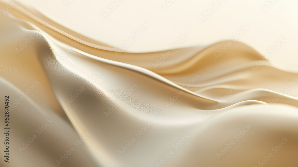 Fototapeta premium Elegant champagne silk fabric background, flowing satin waves with soft lighting, luxurious cream textile texture for beauty and fashion branding