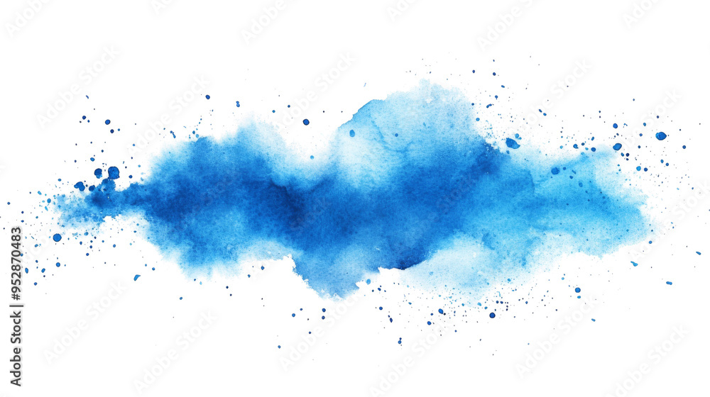 Obraz premium Azure PNG watercolor wash illustration. A vibrant blue watercolor splash on white canvas. Deep cerulean hues bleed outwards, their intensity gradually softening into wispy, cloud-like shapes