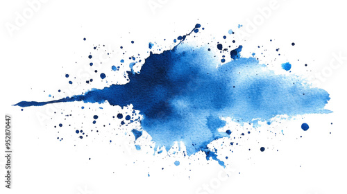 Azure PNG watercolor wash illustration. A vibrant blue watercolor splash on white canvas. Deep cerulean hues bleed outwards, their intensity gradually softening into wispy, cloud-like shapes