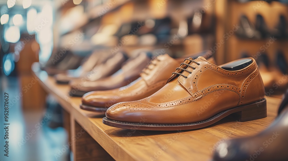 Display of elegant men's shoes made with natural leather in original designs. The shoes are in a footwear store with wooden shelves and other high quality accessories for men. Display of elegant men's shoes made with natural leather in original designs. The shoes are in a footwear store with wooden shelves and other high quality accessories for men.