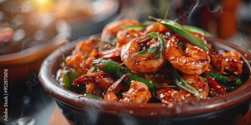 Spicy Stir Fried Shrimps and Petai Stinky Beans in Sambal Malaysian Asian Asean Cuisine photo