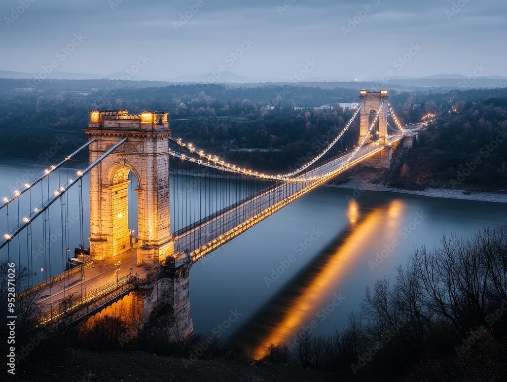 Obraz premium A scenic view of a illuminated suspension bridge at dusk, reflecting beautifully in the calm waters below.