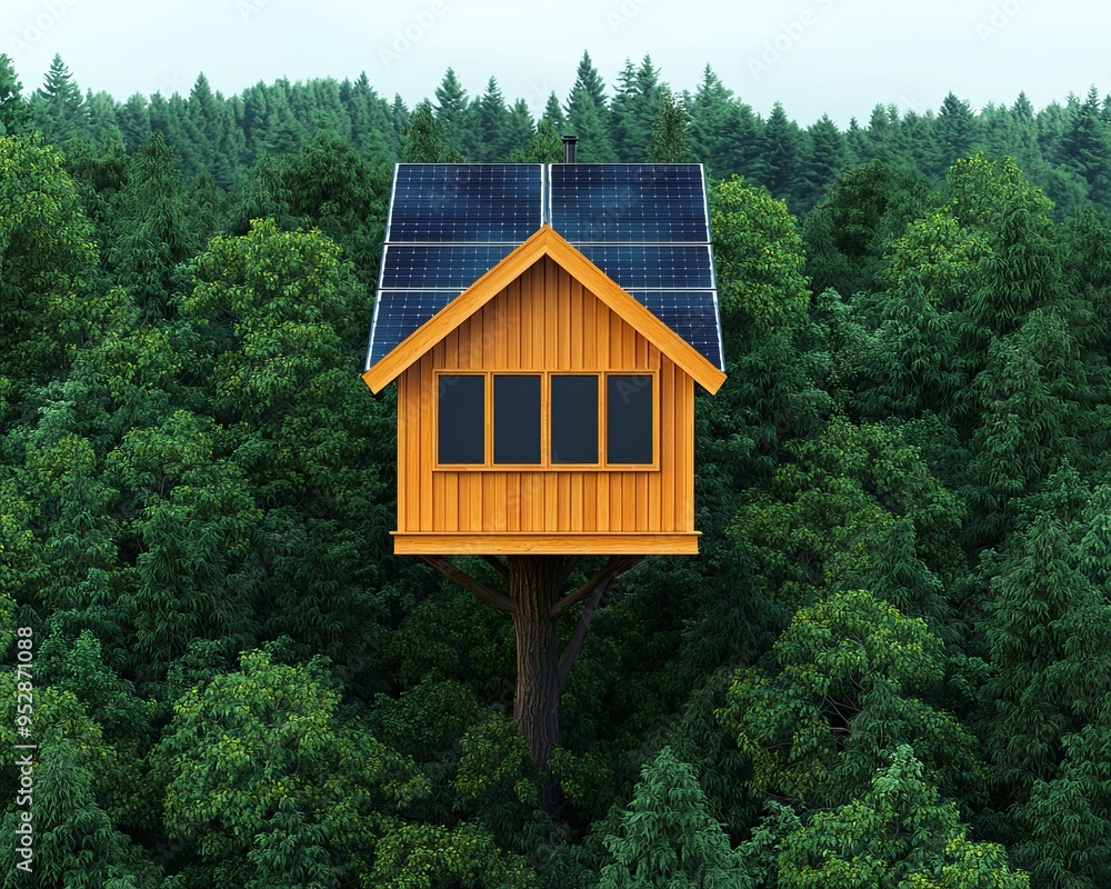 A small wooden treehouse with solar panels on the roof nestled in a lush green forest. A small wooden treehouse with solar panels on the roof nestled in a lush green forest.