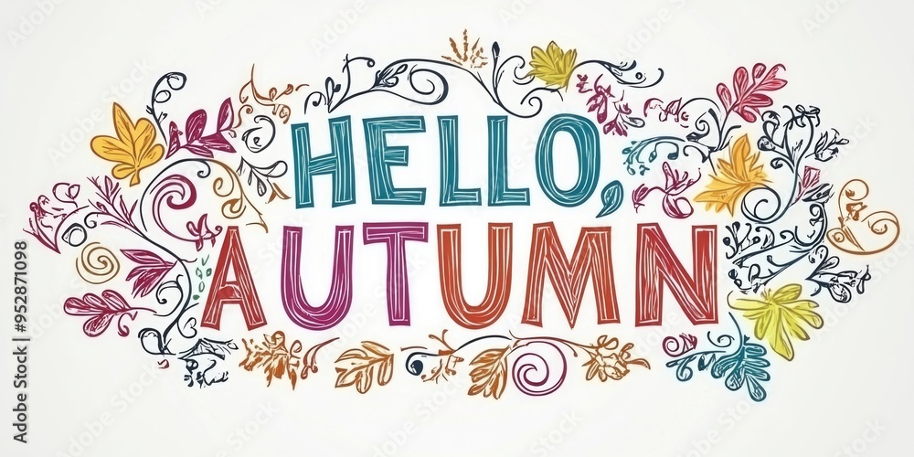 Fototapeta premium Colorful Hand-Drawn Greeting for Autumn with Floral Patterns and Seasonal Leaves