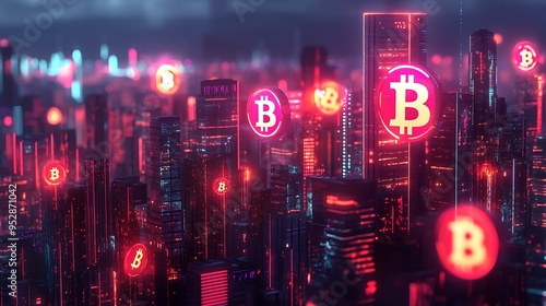 Futuristic Cityscape Illuminated by Bitcoin Symbols