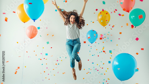 Mujer Saltando de Felicidad con Globos y Confeti