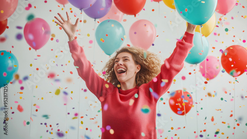 Mujer Saltando de Felicidad con Globos y Confeti
