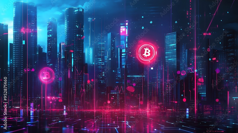 Fototapeta premium Futuristic Cityscape with Bitcoin Symbol and Neon Lights