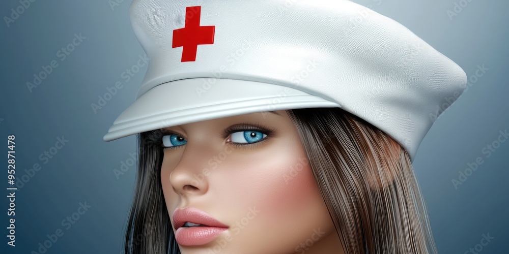 Close-Up Portrait of Woman in Nurse Hat with Red Cross Emblem on Blue Background Close-Up Portrait of Woman in Nurse Hat with Red Cross Emblem on Blue Background