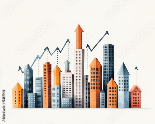 Abstract cityscape with upward pointing arrows, symbolizing growth and prosperity.