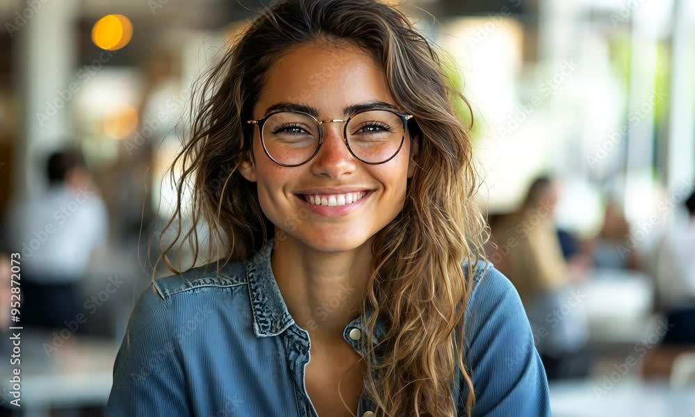 Young woman wearing round glasses smiles confidently in a casual blue shirt. Young woman wearing round glasses smiles confidently in a casual blue shirt.