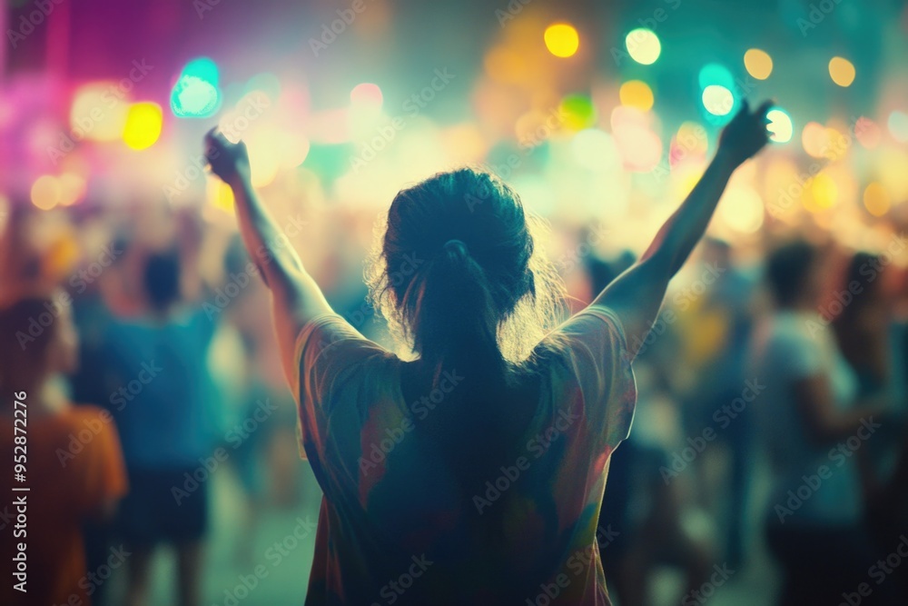 Fototapeta premium Young Woman Celebrating at Night Party with Colorful Lights and Vibrant Crowd