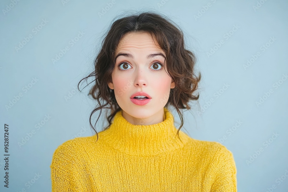 Surprised Woman in Yellow Sweater with Curly Hair against Light Blue Background Surprised Woman in Yellow Sweater with Curly Hair against Light Blue Background