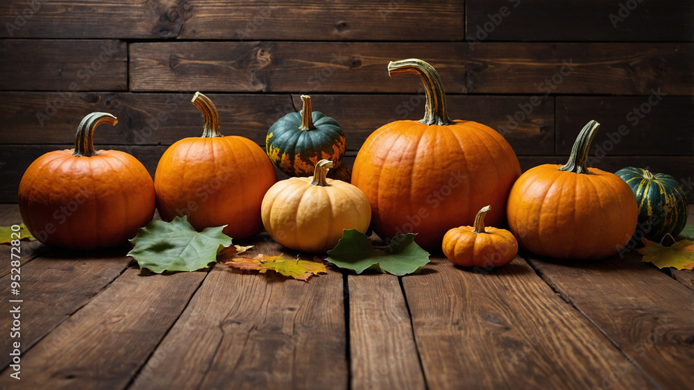 A colorful display of pumpkins, pumpkins and leaves sitting in a row on wooden background. Space for text A colorful display of pumpkins, pumpkins and leaves sitting in a row on wooden background. Space for text