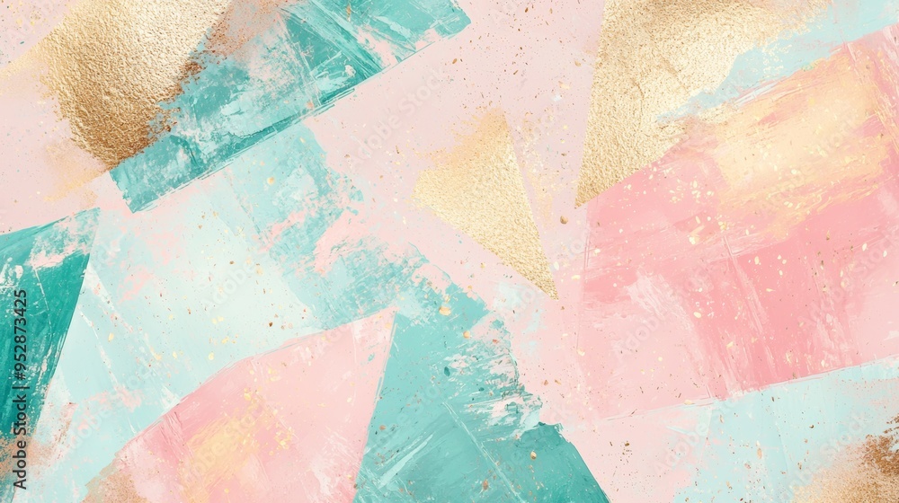 Naklejka premium Abstract background with brush strokes in pastel pink and green colors and gold foil shapes, perfect for lifestyle, beauty and fashion projects