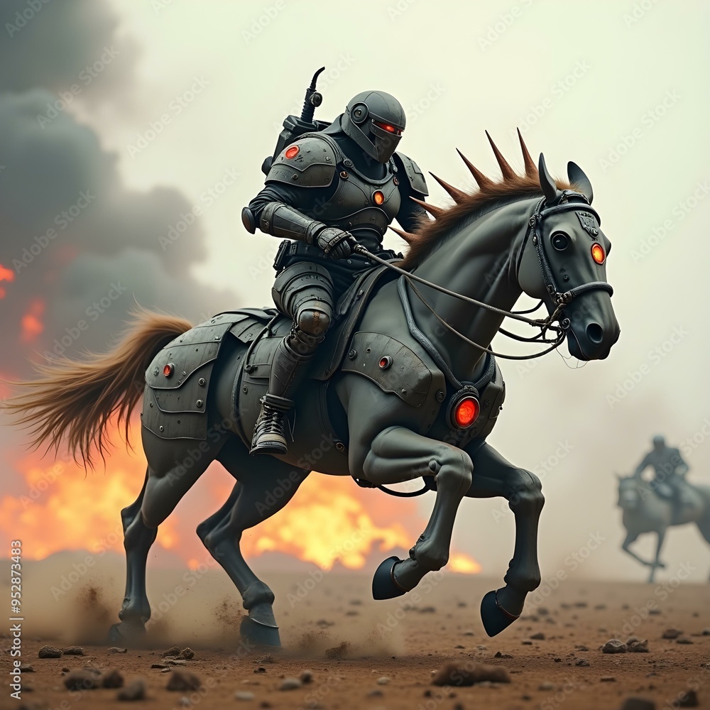 A futuristic warrior riding a mechanical horse in full gallop. The warrior’s armor has a heavy, A futuristic warrior riding a mechanical horse in full gallop. The warrior’s armor has a heavy,