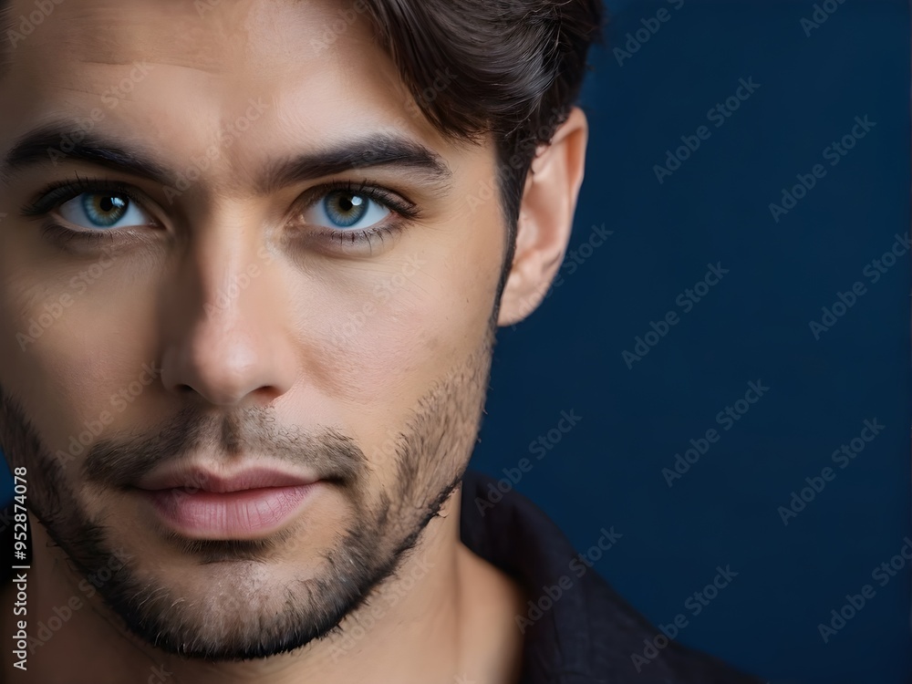 Obraz premium Portrait of handsome smiling man with expressive eyes, looking at camera 