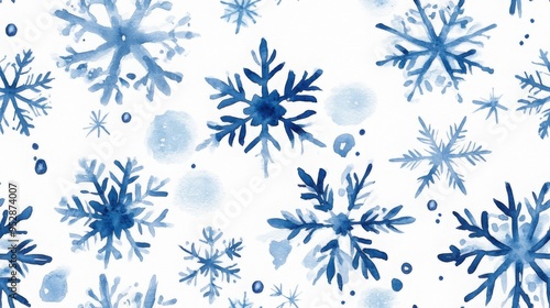 Clouds and sky watercolor hand drawn illustration. Abstract blue snowflakes winter watercolour background. Sky pattern with snow. Light blue watercolour paper texture background.