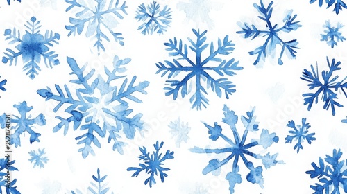 Clouds and sky watercolor hand drawn illustration. Abstract blue snowflakes winter watercolour background. Sky pattern with snow. Light blue watercolour paper texture background.