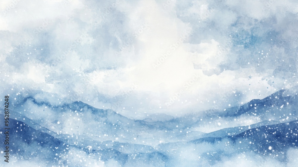 Clouds and sky watercolor hand drawn illustration. Abstract blue snowflakes winter watercolour background. Sky pattern with snow. Light blue watercolour paper texture background. Clouds and sky watercolor hand drawn illustration. Abstract blue snowflakes winter watercolour background. Sky pattern with snow. Light blue watercolour paper texture background.