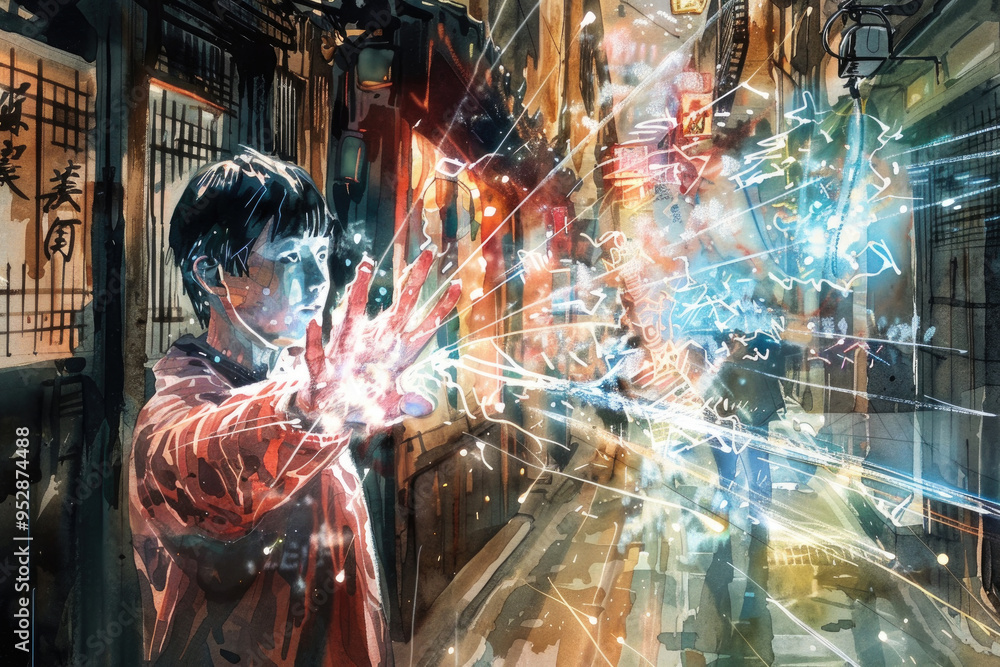 A young individual uses their hand to project colorful energy in a lively city alley filled with bright lights and cinematic details A young individual uses their hand to project colorful energy in a lively city alley filled with bright lights and cinematic details