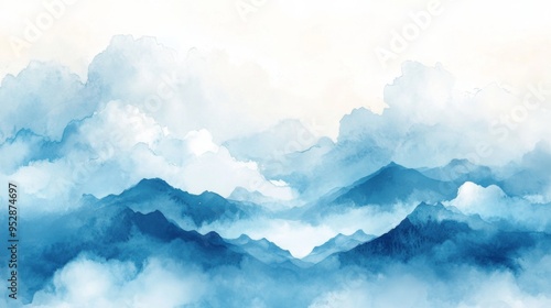 Clouds and sky watercolor hand drawn illustration. Abstract blue snowflakes winter watercolour background. Sky pattern with snow. Light blue watercolour paper texture background.