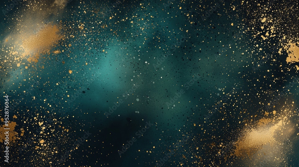 Fototapeta premium Abstract turquoise and gold background with a nebula cloud-like effect, perfect for projects related to the cosmos, luxury, or art. The gold particles evoke a sense of wonder and magic