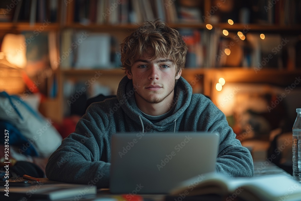 A student sitting at a desk in a dorm room. Generative AI A student sitting at a desk in a dorm room. Generative AI
