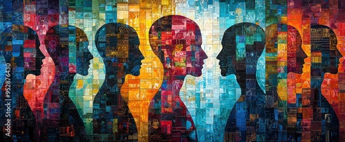 Wallpaper Mural A vibrant, colorful collage of diverse faces and patterns representing different cultures and corporate uniforms.  Torontodigital.ca