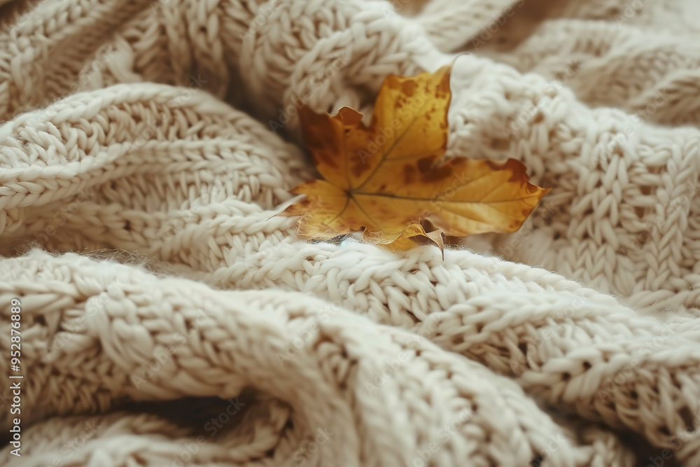 Cozy Autumn Mood with Beige Knit Blanket and Golden Leaf Cozy Autumn Mood with Beige Knit Blanket and Golden Leaf