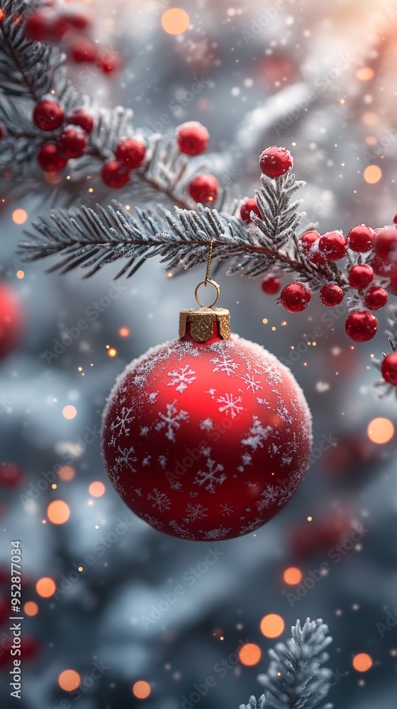 Red Christmas ornament with white snowflakes hangs from a frosted tree branch adorned with red berries and soft lights Red Christmas ornament with white snowflakes hangs from a frosted tree branch adorned with red berries and soft lights