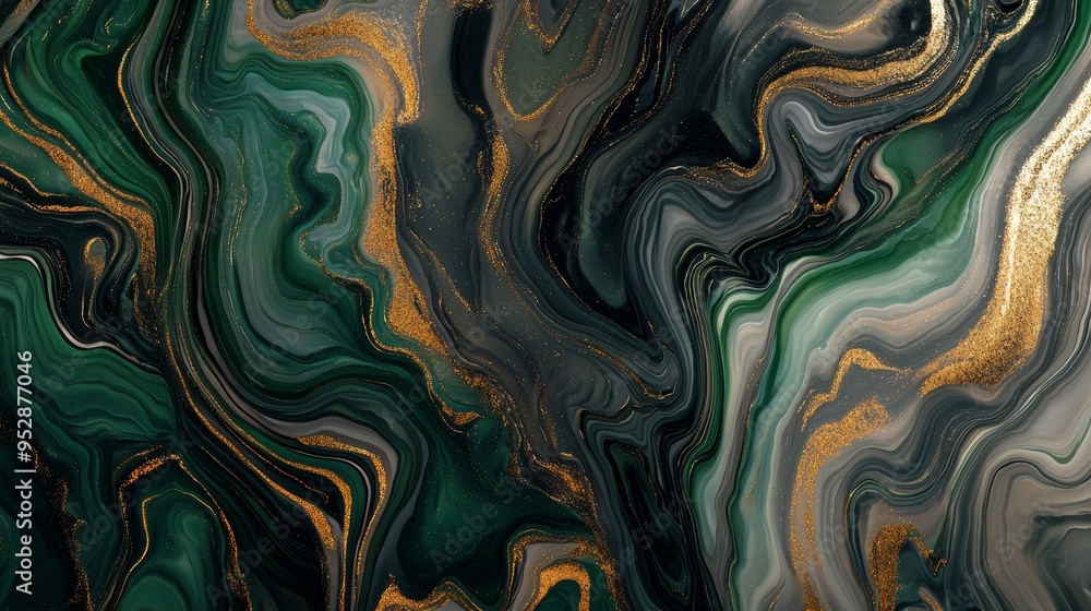 Abstract background depicting green and gold fluid art with a swirling, marbled effect, perfect for design projects that evoke luxury and sophistication Abstract background depicting green and gold fluid art with a swirling, marbled effect, perfect for design projects that evoke luxury and sophistication